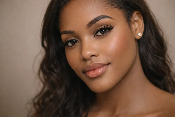 Portrait d’une femme noire avec extensions de cils volumineuses après un soin en institut de beauté